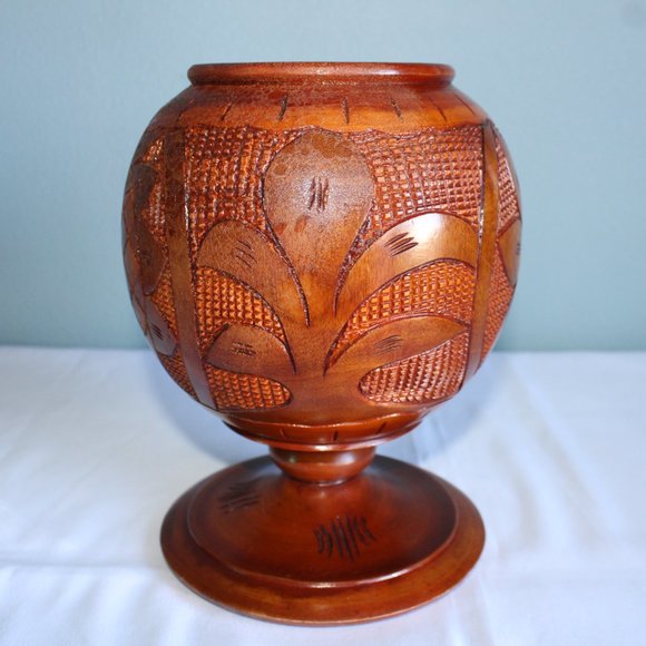 Vintage Hand Turned Carved Solid Wood Pedestal Vase With Lid 14" Tall - Picture 4 of 12
